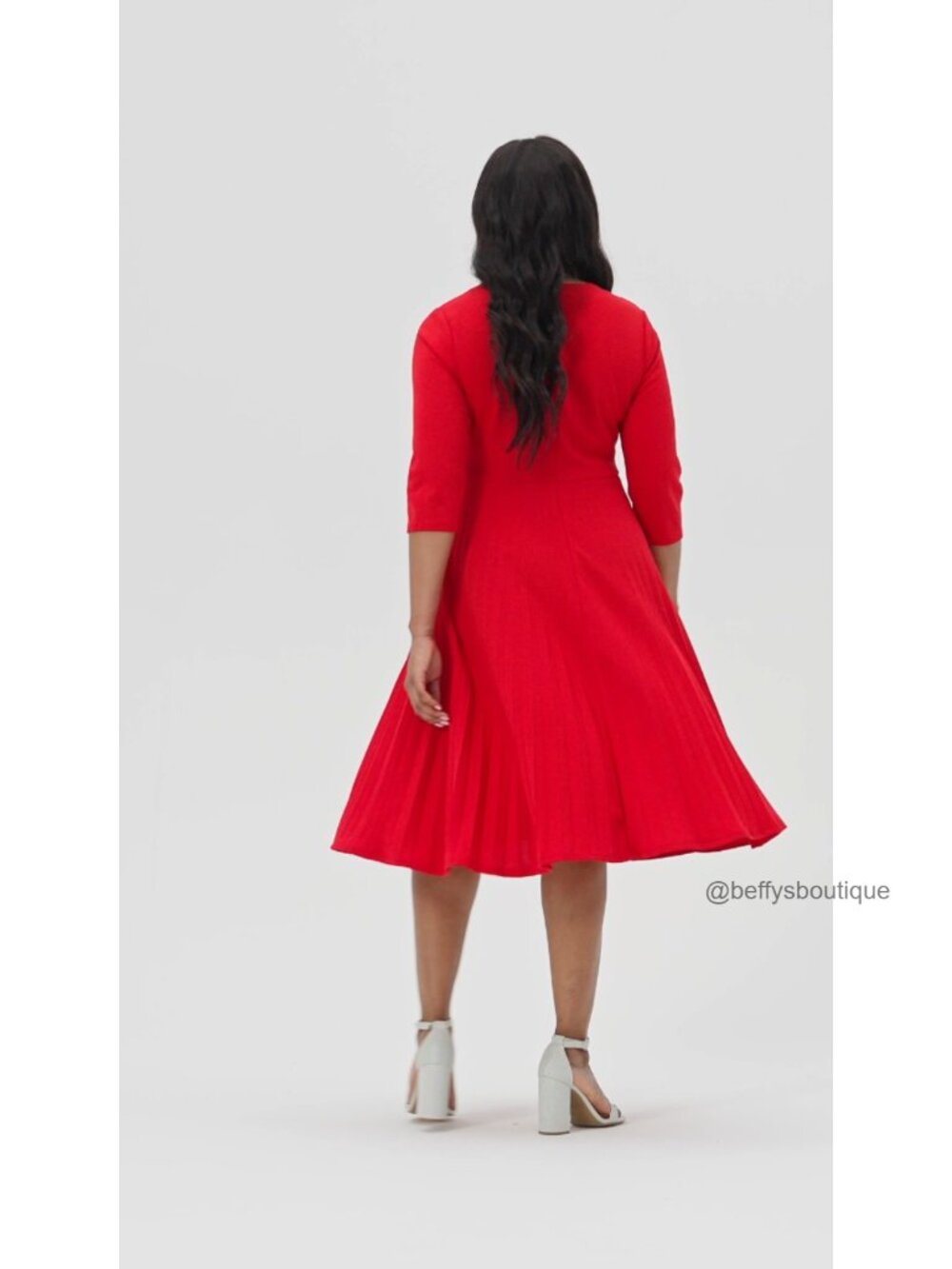 Midi Dress, 3/4 Sleeve A-Line Pleated V-Neck Cocktail Wedding Guest Dress - Picture 6 of 6